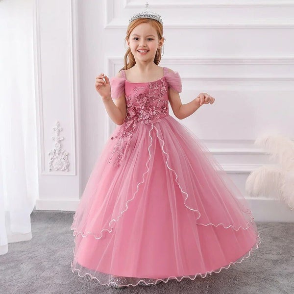 Off-shoulder Long For Girls Kids Flower Embroidered Wedding Gown Host Perform... Carousel 5