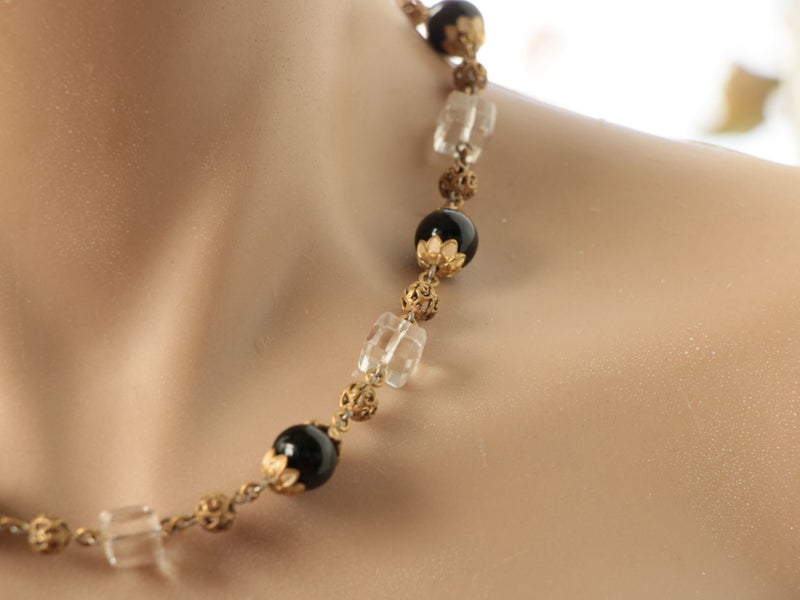 Vintage Czech cut crystal Neiger Bros enamel brass filigree necklace Carousel 2