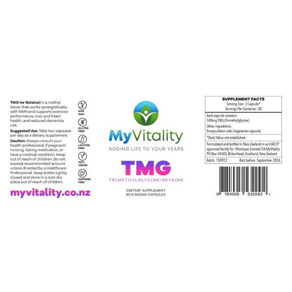 MyVitality, TMG (Trimethyl Glycine or Betaine) 500mg, 60 Capsules Carousel 2