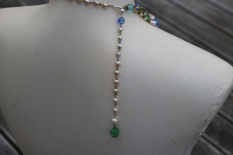 Vintage 50s cut crystal blue green turquoise ab beads and faux pearl choker bib Carousel 6