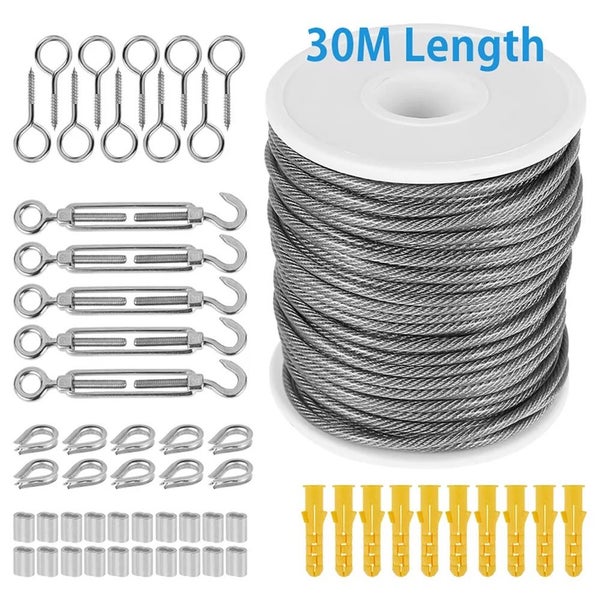 30M Stainless Steel Wire Rope Cable Kit Hooks Hanging Garden Railing Roll Carousel 10