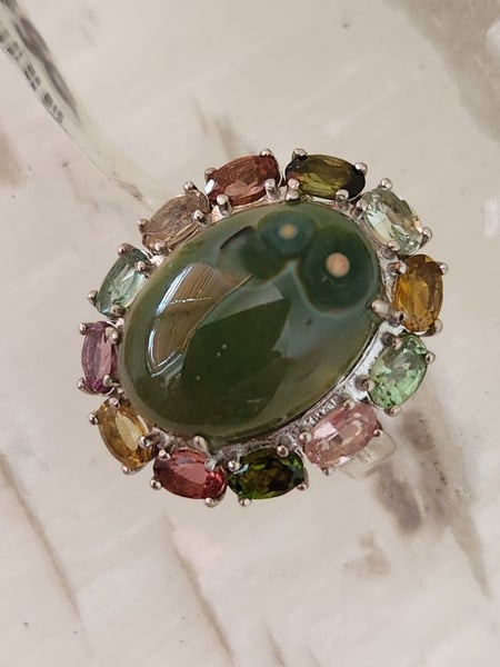 Ocean Jasper & Tourmaline Ring in solid 925 Silver Carousel 1
