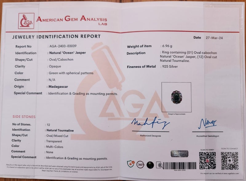 Ocean Jasper & Tourmaline Ring in solid 925 Silver Carousel 9