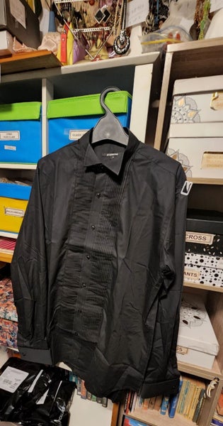BLACK PINTUCKED TUXEDO SHIRT SIZES 15, 16, 18 BLACK BUTTONS BERKAM63614957795841112