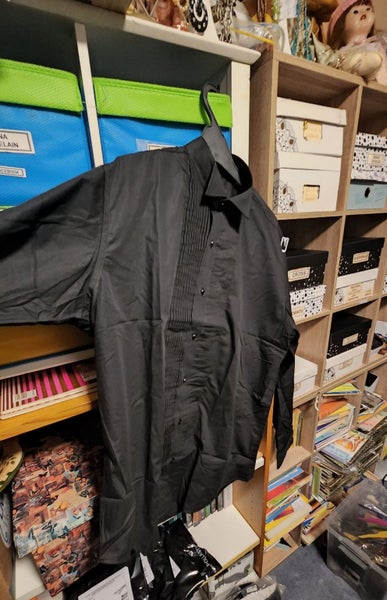 BLACK PINTUCKED TUXEDO SHIRT SIZES 15, 16, 18 BLACK BUTTONS BERKAM63614957795841113
