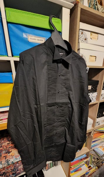 BLACK PINTUCKED TUXEDO SHIRT SIZES 15, 16, 18 BLACK BUTTONS BERKAM63614957795841114