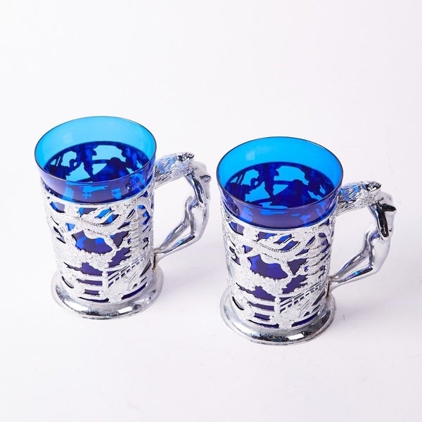 Vintage Art Deco Nude Lady Handle Cobalt Blue Glass with Crome Dragons Tankards Carousel 1