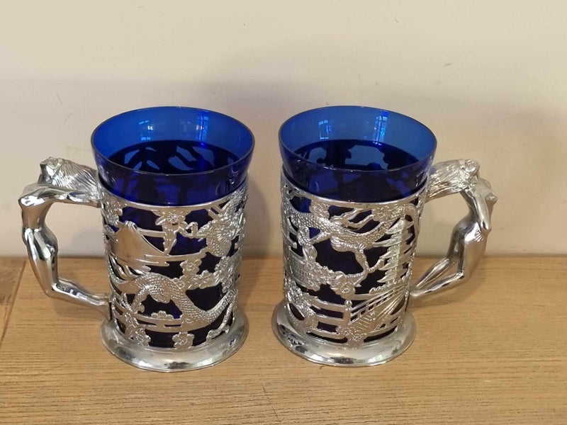Vintage Art Deco Nude Lady Handle Cobalt Blue Glass with Crome Dragons Tankards Carousel 2