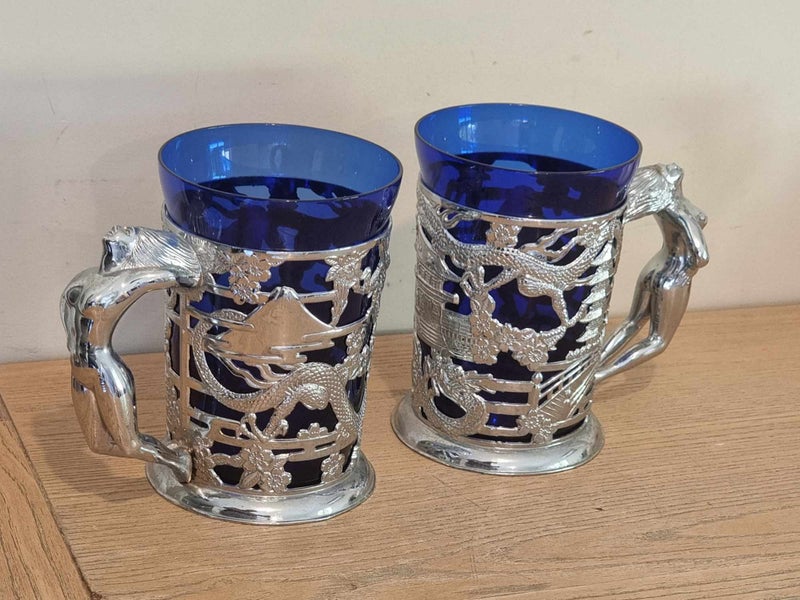 Vintage Art Deco Nude Lady Handle Cobalt Blue Glass with Crome Dragons Tankards Carousel 12