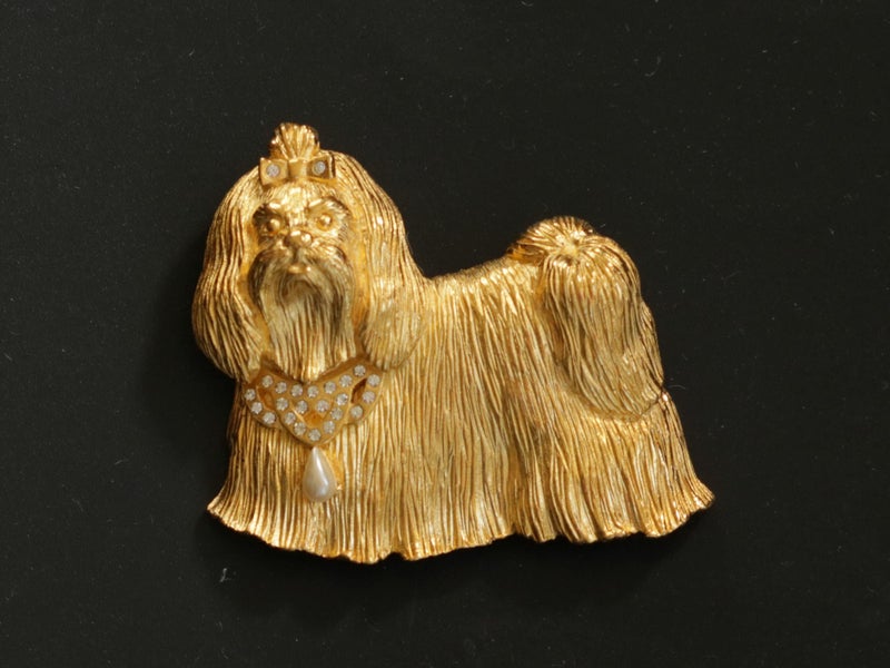 Vintage 'Princess' Dog Brooch in brushed Gold with Faux Pearl Drop + Diamantees Carousel 1
