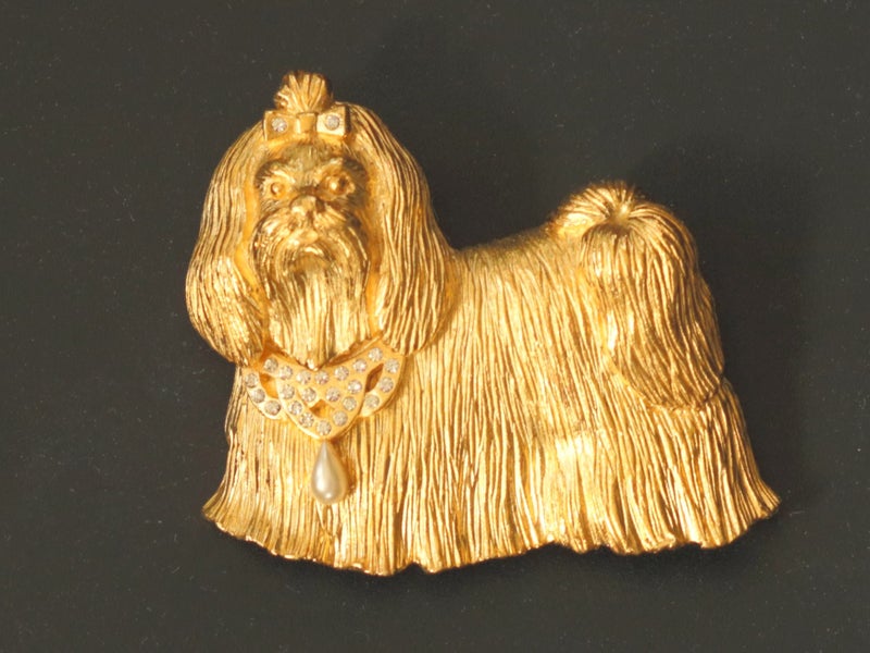 Vintage 'Princess' Dog Brooch in brushed Gold with Faux Pearl Drop + Diamantees Carousel 2