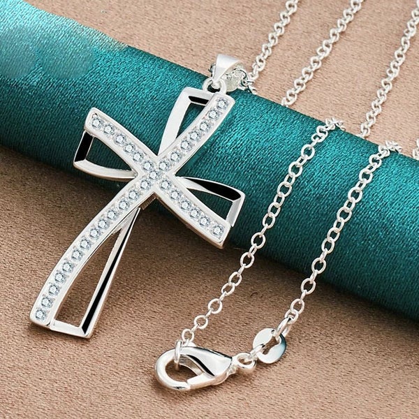 .925 Sterling Silver AAA Zircon Pendant Cross with Chain Carousel 1