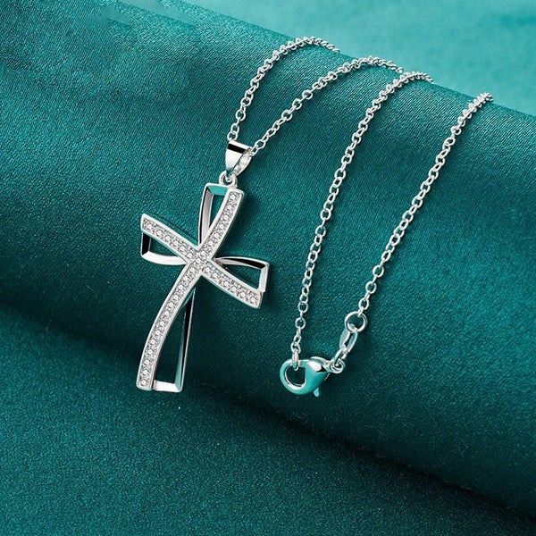 .925 Sterling Silver AAA Zircon Pendant Cross with Chain Carousel 2