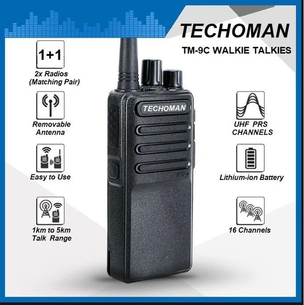 Pair (2x) TECHOMAN TM-9C 2 WATT UHF PRS CB Walkie Talkies - 16 Channels - Stnd Carousel 2