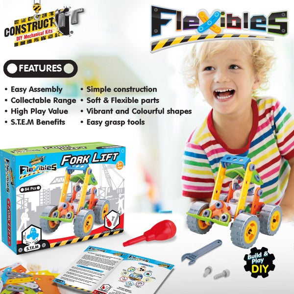 84pcs Construct IT Flexibles DIY Fork Lift Toy w Tools STEM Build Kit Kids 4y+ Carousel 6