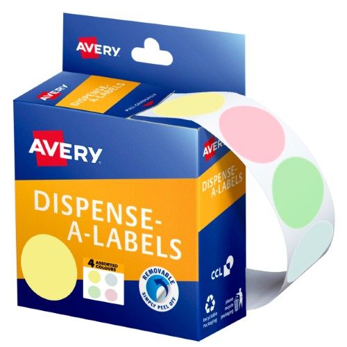 Avery Assorted Pastel Colour Dispenser Dot Stickers 24mm 300pk Carousel 1