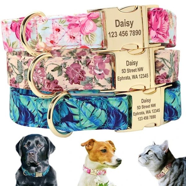 Personalized Dog Collar Nylon Floral Print with Engraved Name & Number Carousel 1
