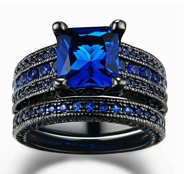 FASHION FUN! Black and Blue Stainless Steel Engagement-Dress Ring Set S11 Carousel 1