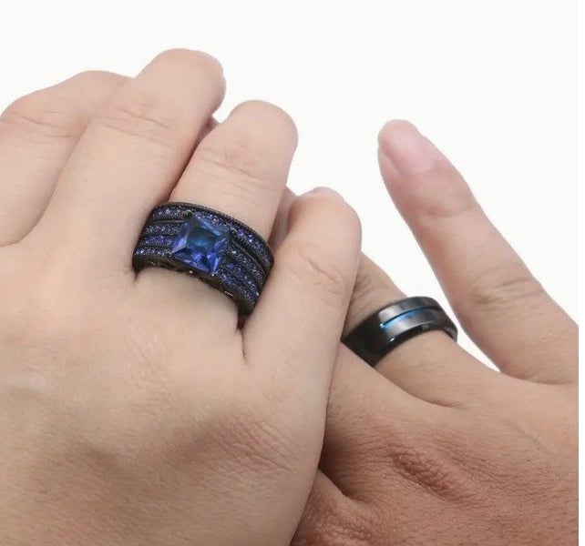 FASHION FUN! Black and Blue Stainless Steel Engagement-Dress Ring Set S11 Carousel 2