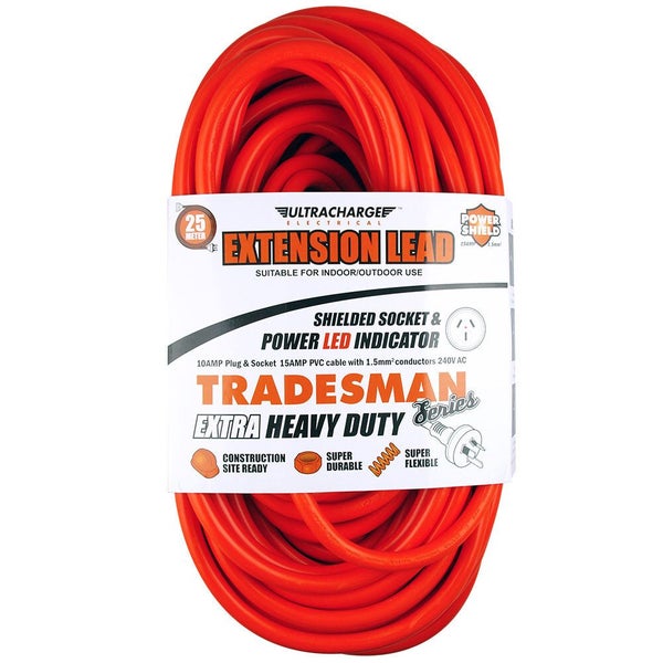 Ultracharge 25m Extension Lead Cable 10A Extra Heavy Duty Cord Plug Socket Red Carousel 1