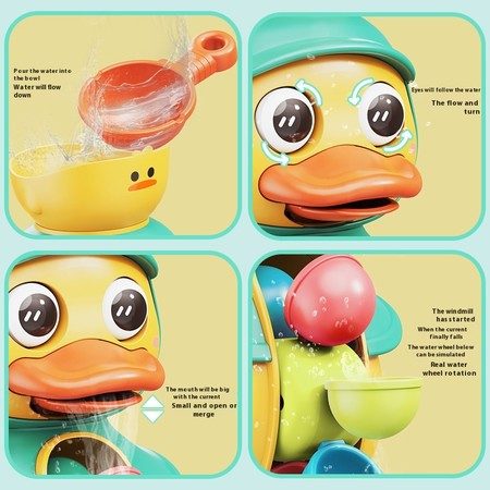 Green Bath Toys Set Rotatable Duck Waterwheel and Eyes Strong Sucker Water Scoop Carousel 3