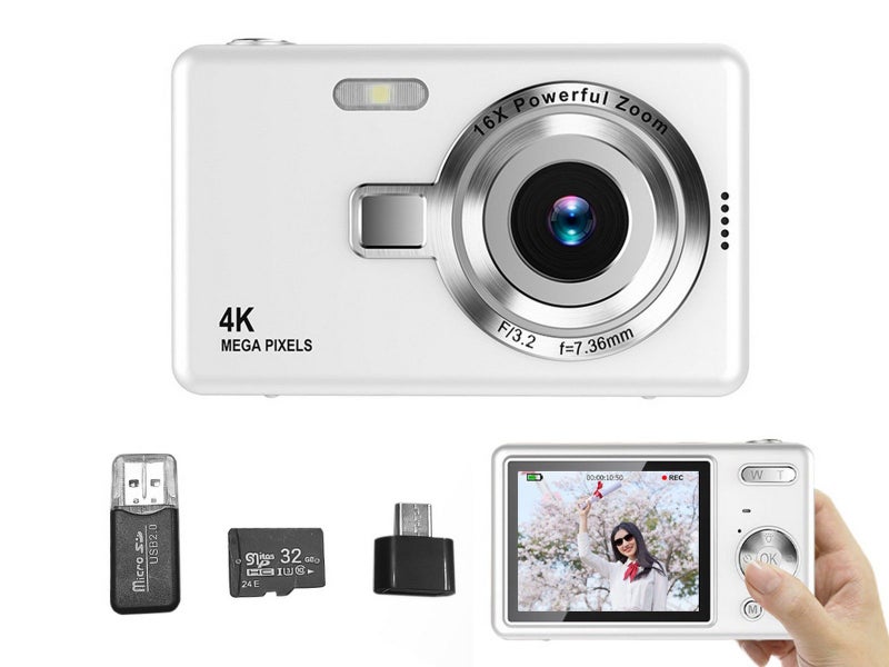 Digital Camera 4K Video Camera 32GB Memory Card Digital Point Shoot Camera White Carousel 1