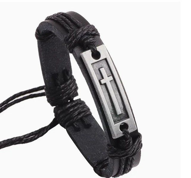 FLASH SALE! Black Leather Stainless Steel Cross Adjustable Bracelet Carousel 1