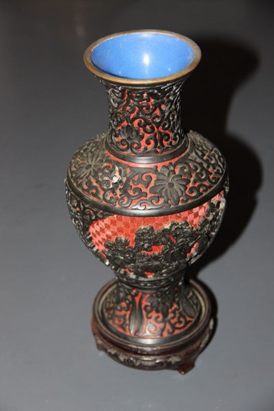 Vintage Chinese Red Cinnabar Vase With Blue Enamel Interior On Stand Carousel 2