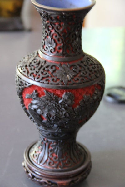 Vintage Chinese Red Cinnabar Vase With Blue Enamel Interior On Stand Carousel 8