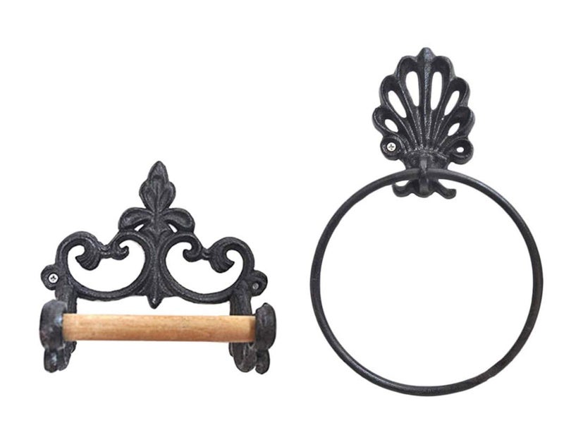 Vintage Toilet Paper Holder and Towel Ring Set Cast Iron Carousel 1