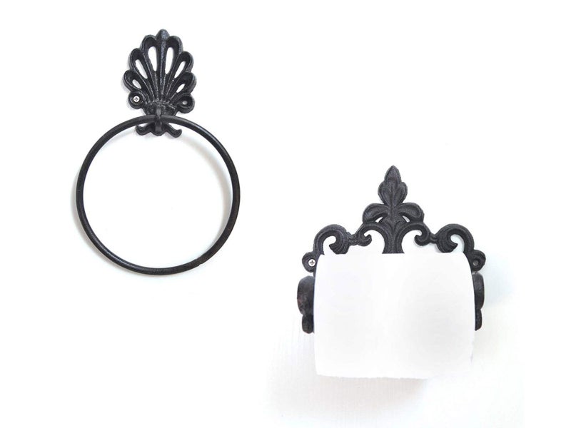 Vintage Toilet Paper Holder and Towel Ring Set Cast Iron Carousel 2