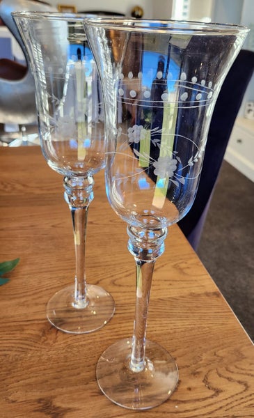 Delicate Glass Hurricane Candle Holder on Stem, with Etching - Set of 2 Carousel 1