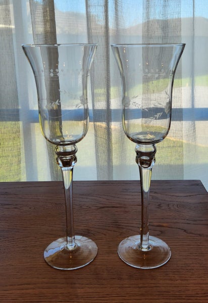 Delicate Glass Hurricane Candle Holder on Stem, with Etching - Set of 2 Carousel 2