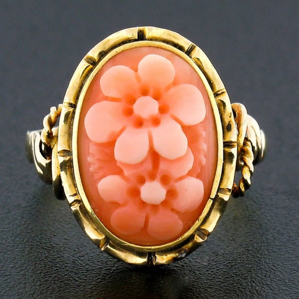 Vintage 14k Yellow Gold Oval Carved Coral Feminine Double Flower Floral Ring Carousel 1