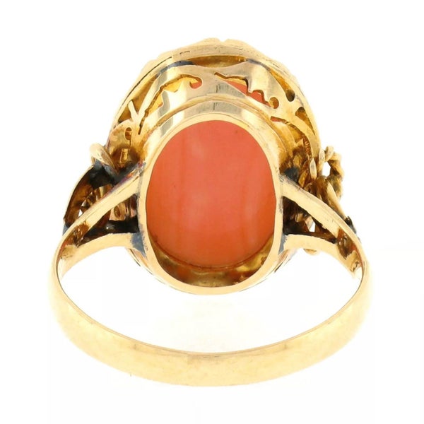 Vintage 14k Yellow Gold Oval Carved Coral Feminine Double Flower Floral Ring Carousel 5