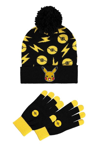 Pokemon Beanie and Knitted Gloves Pikachu print new Official Black Gift Set Carousel 1