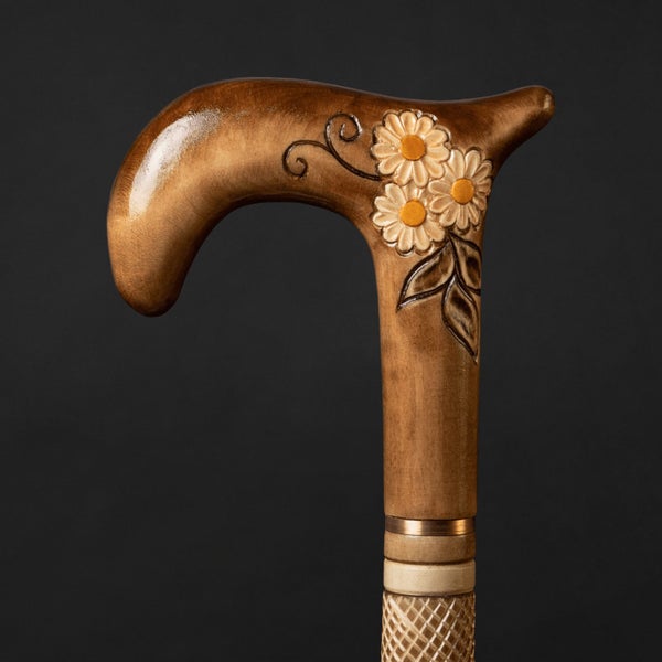 Walking Stick Cane Handmade Derby Cane Chamomile Design Natural Wood Carousel 1