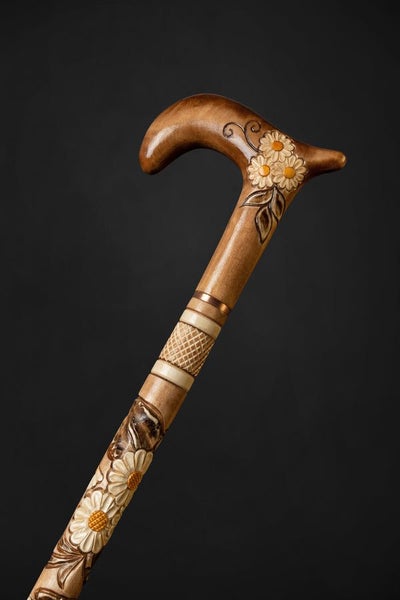 Walking Stick Cane Handmade Derby Cane Chamomile Design Natural Wood Carousel 2