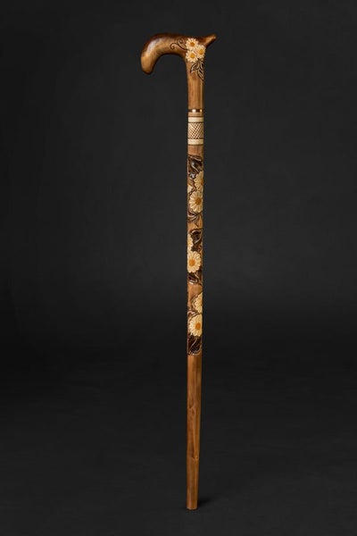 Walking Stick Cane Handmade Derby Cane Chamomile Design Natural Wood Carousel 4