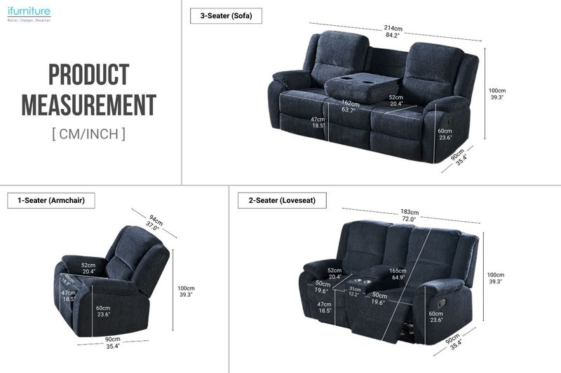 ALTO Reclining Sofa (Denim Blue) - 2 Seat with Cup Holders and Storage (2RRC) Carousel 2