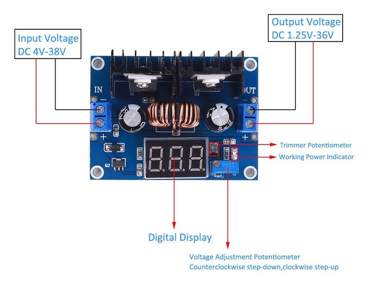 Step down Buck Converter. 8A 250w Peak. Large Display. of 5~40v in.1.2~35v out Carousel 2