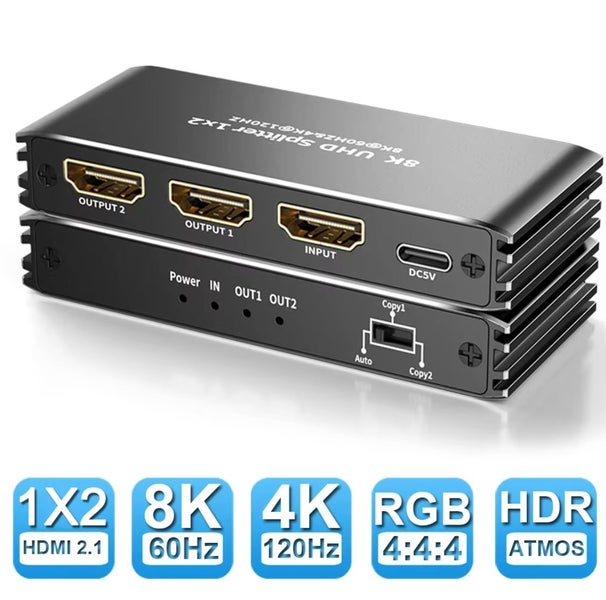 8K HDMI 2.1 HDMI Splitter 1 in 2 Out 8K 60Hz 4K 120Hz Dolby Atmos/Vision HDR Carousel 1