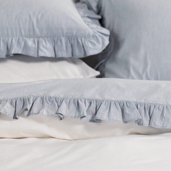 Softwash Cotton Ruffle Misty Blue Melange European Pillowcase Pair - Vintage Carousel 3