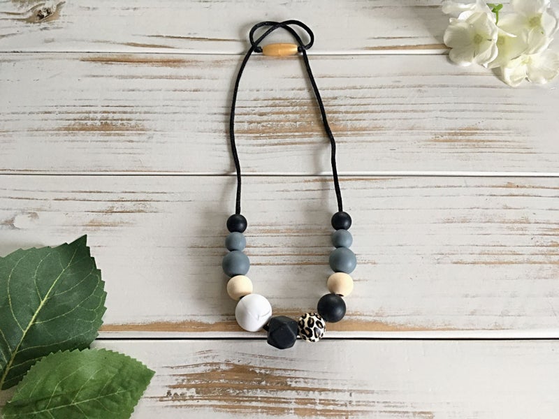 Wild Mamma Nursing Necklace ~ Silicone Beads ~ Black Leopard Print Carousel 1