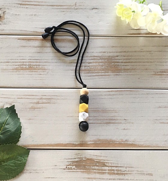 Longline Nursing Necklace ~ Silicone Beads ~ Yellow Mustard & White Marble Carousel 1