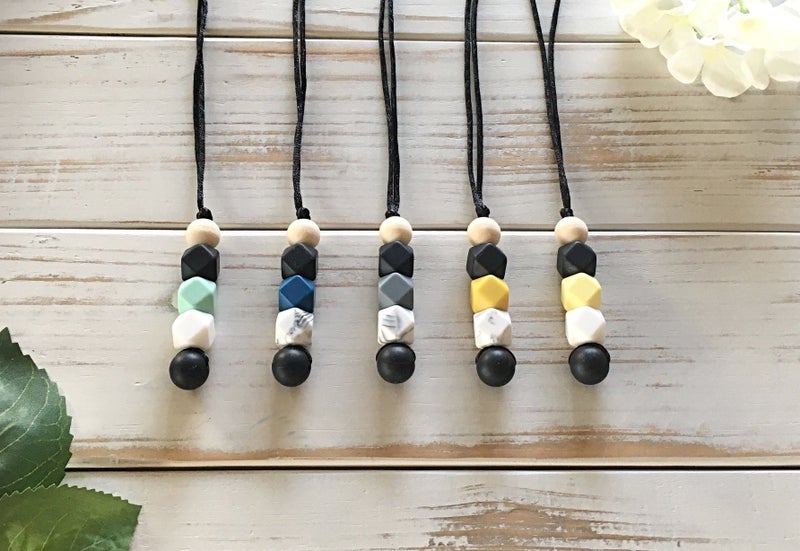 Longline Nursing Necklace ~ Silicone Beads ~ Yellow Mustard & White Marble Carousel 2