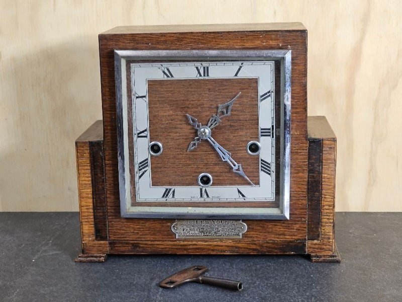1930's 'Enfield'. English Oak Deco Mantle Clock. Chiming & Working. Carousel 1