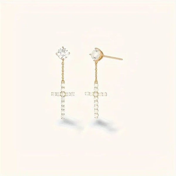 Men's Iced Out Cross Drop Earrings in 18K Gold Carousel 1