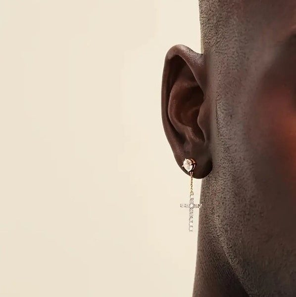 Men's Iced Out Cross Drop Earrings in 18K Gold Carousel 2