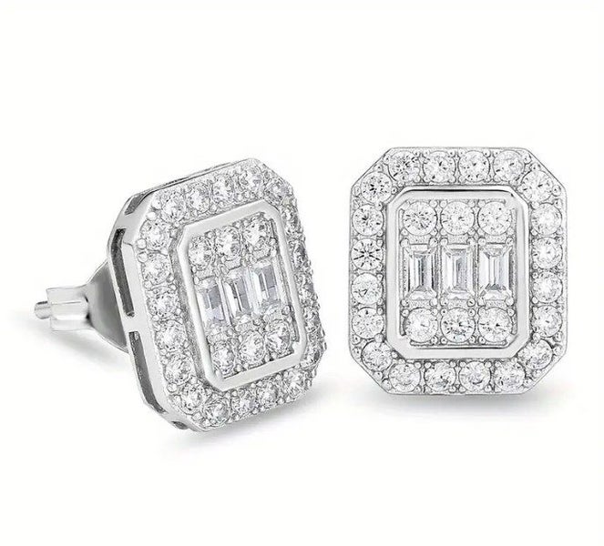 Men's Iced Out Baguette Rectangle Earrings in Polished Silver Carousel 1